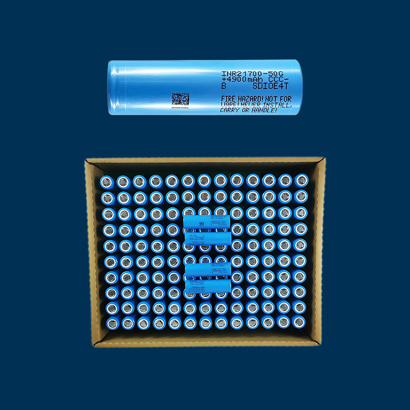 Close-up of a Samsung 21700 50G lithium-ion battery cell