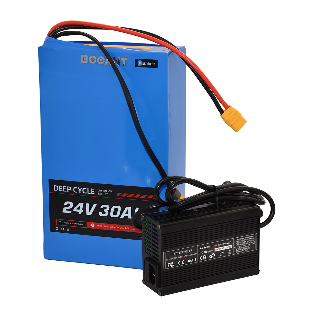 Battery and charger connection demonstration - charging setup shown.