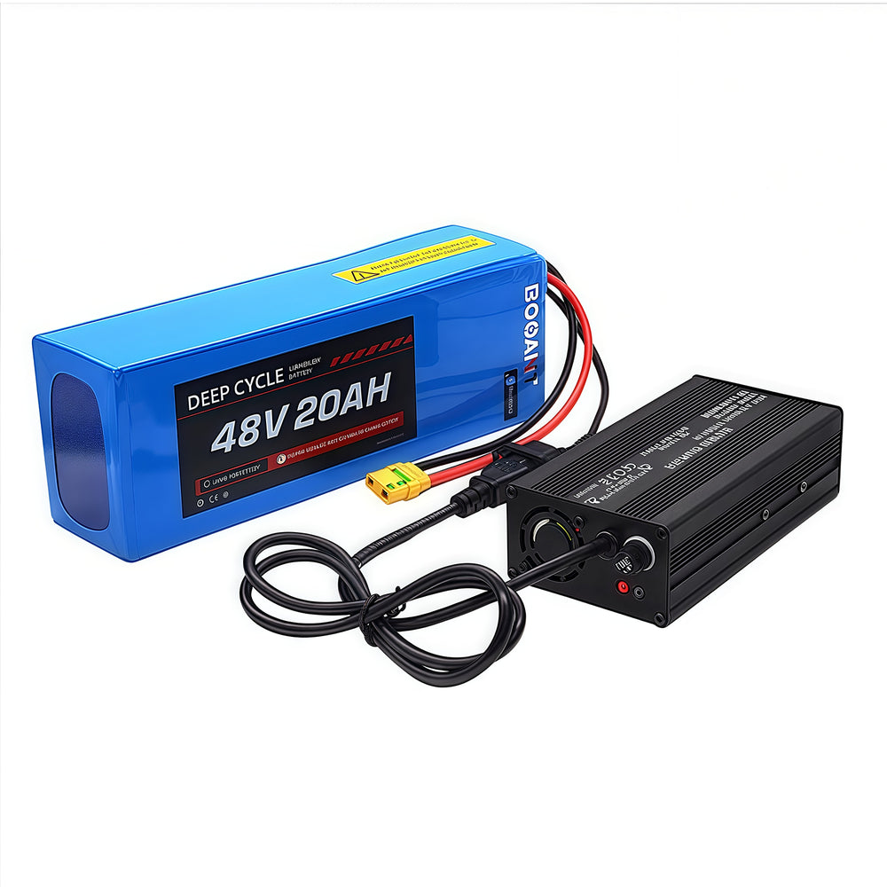48V 20AH Deep Cycle lithium battery connected to smart charger with charging cable
