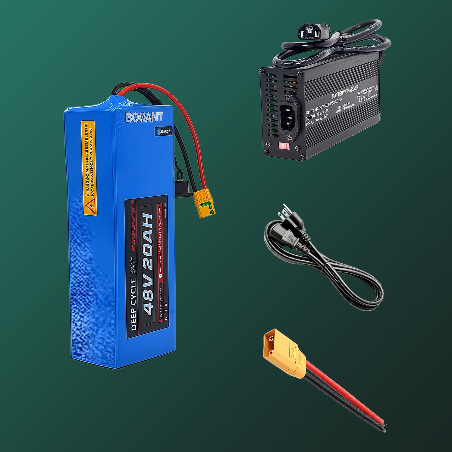 Booant 48V 20AH Lithium Battery Package Contents - Battery Pack, Charger, Power Cable, and Battery Discharge Extension Cable