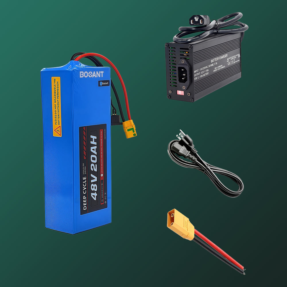 Booant 48V 20AH Lithium Battery Package Contents - Battery Pack, Charger, Power Cable, and Battery Discharge Extension Cable