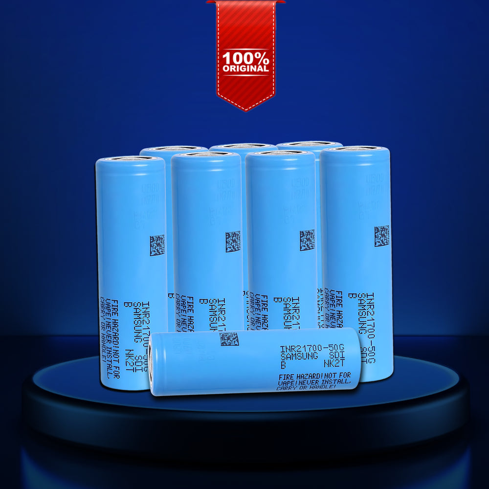 Genuine Samsung INR21700-50G cells inside battery pack. Clear model and safety labels shown.