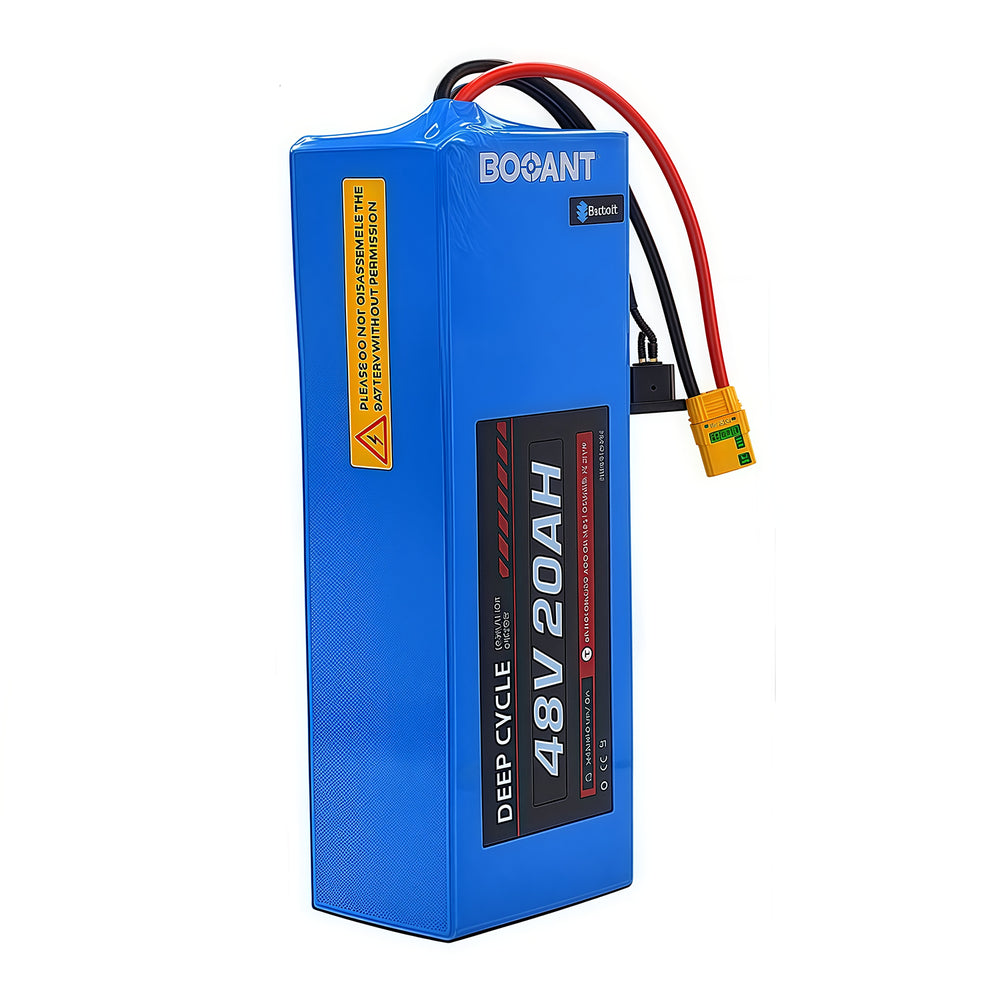 Side view of 48V 20AH Deep Cycle lithium battery with warning labels and safety instructions