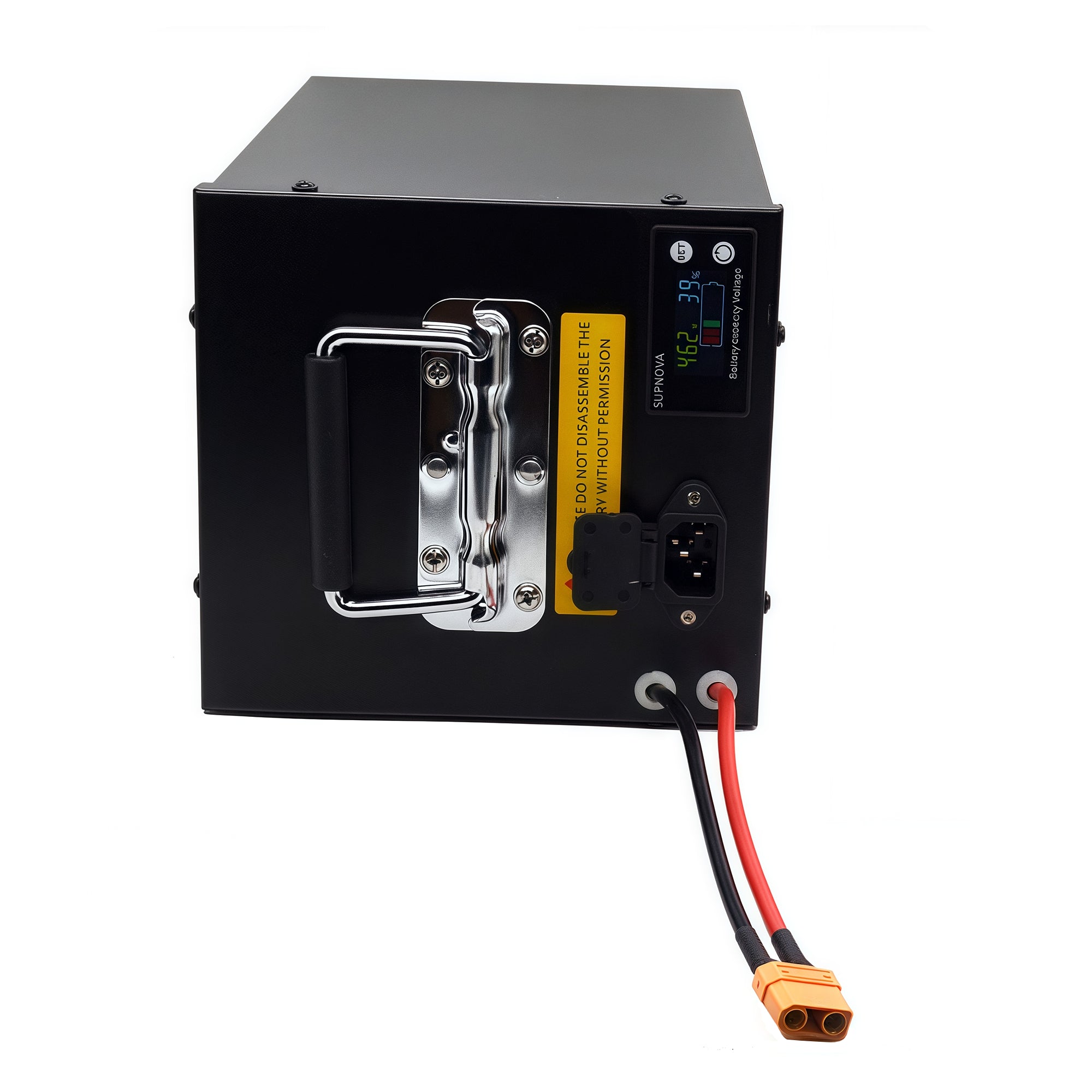 Front view of BOOANT 48V 50Ah lithium battery showing carrying handle, power display screen, charging port, discharge cables, and connectors