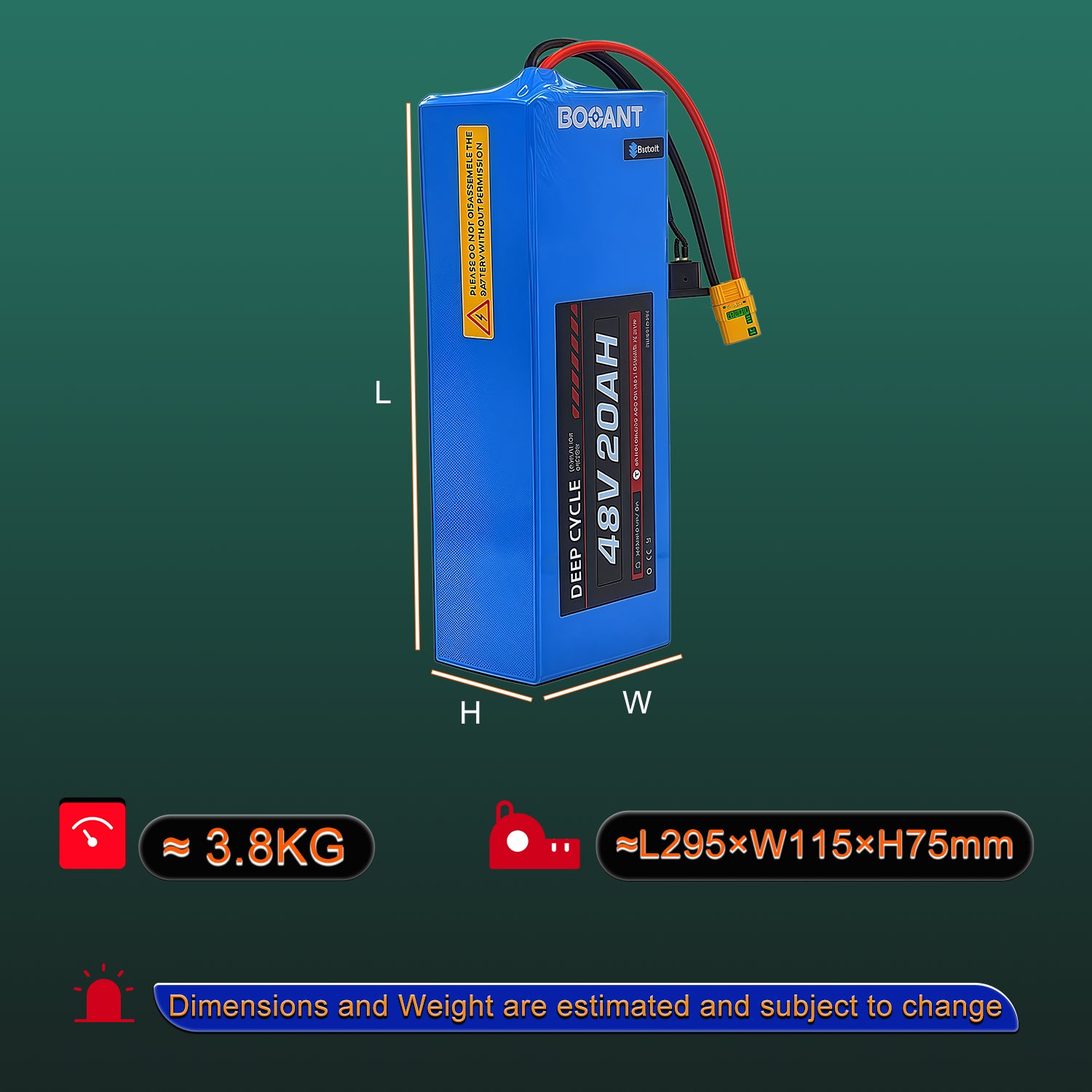 Booant 48V 20AH Battery Dimensions - 295x115x75mm, 3.8kg Weight, Compact Design